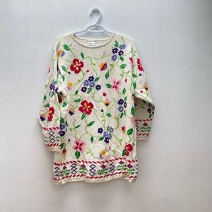 Vintage - Hanna Andersson Cream Knit Floral Pattern Sweater Scalloped Edge